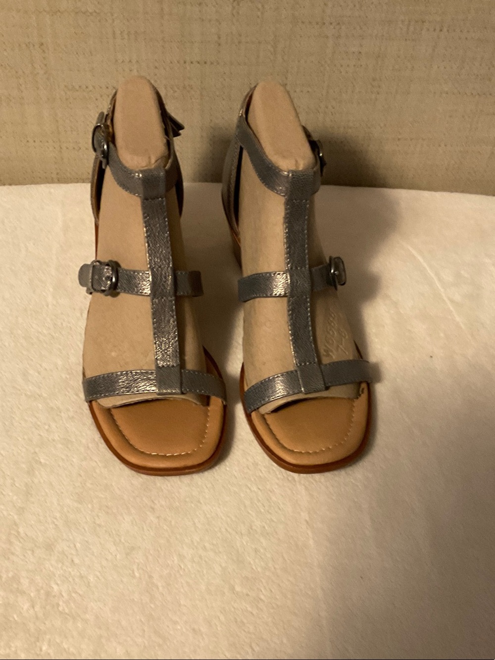 Women's Metallic Silver T-Strap Sandals with Buckle Accent